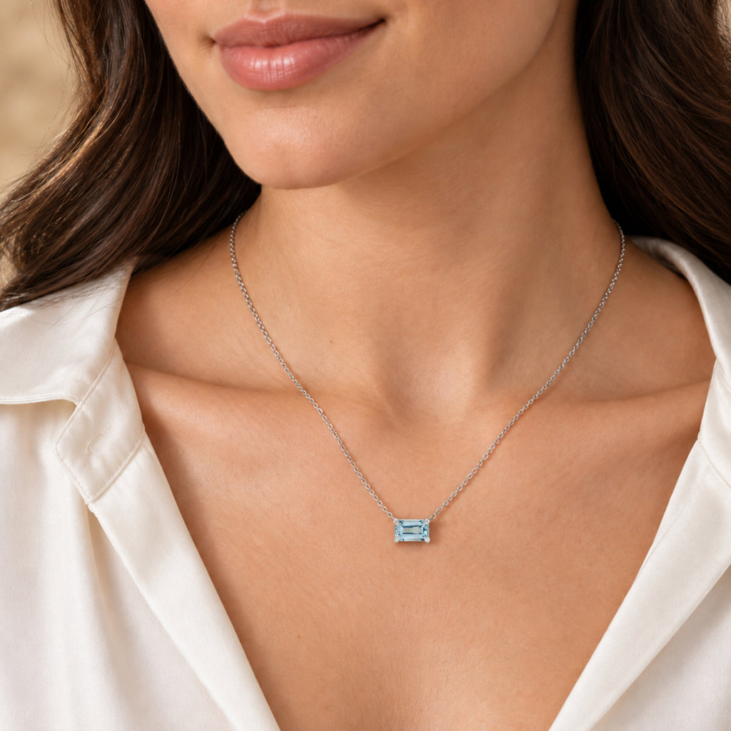 AZ29525 natural aquamarine solitaire necklace in 14K white gold - close-up model view