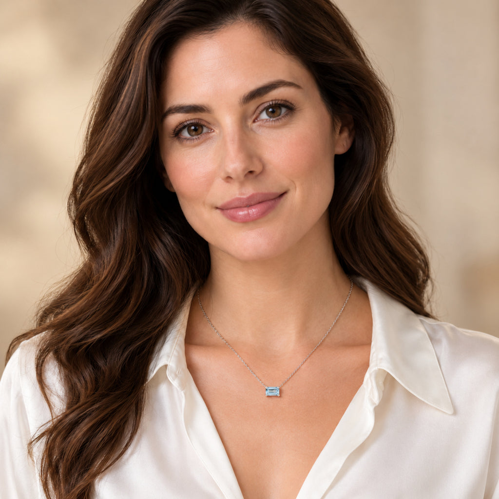 AZ29525 natural aquamarine solitaire necklace in 14K white gold - full-face model view