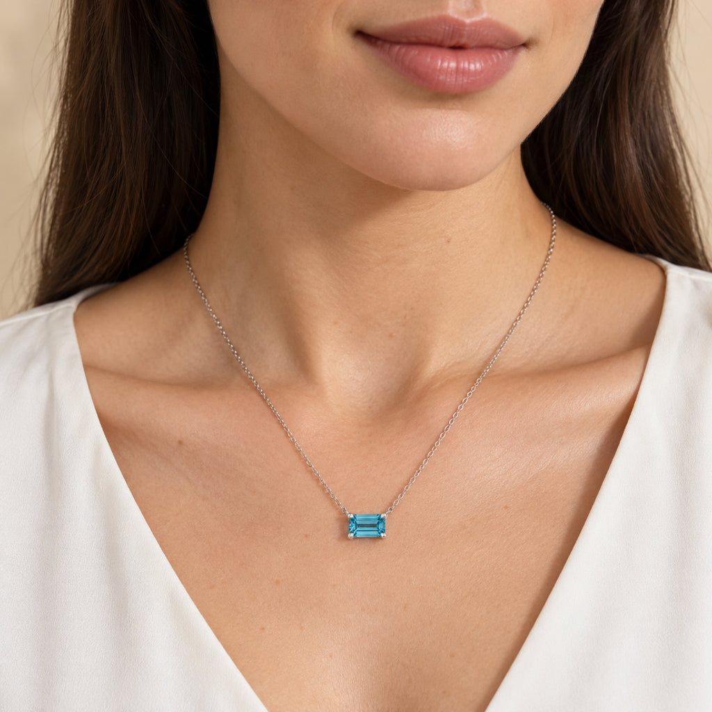 AZ29527 natural blue zircon solitaire necklace in 14K white gold - close-up model view