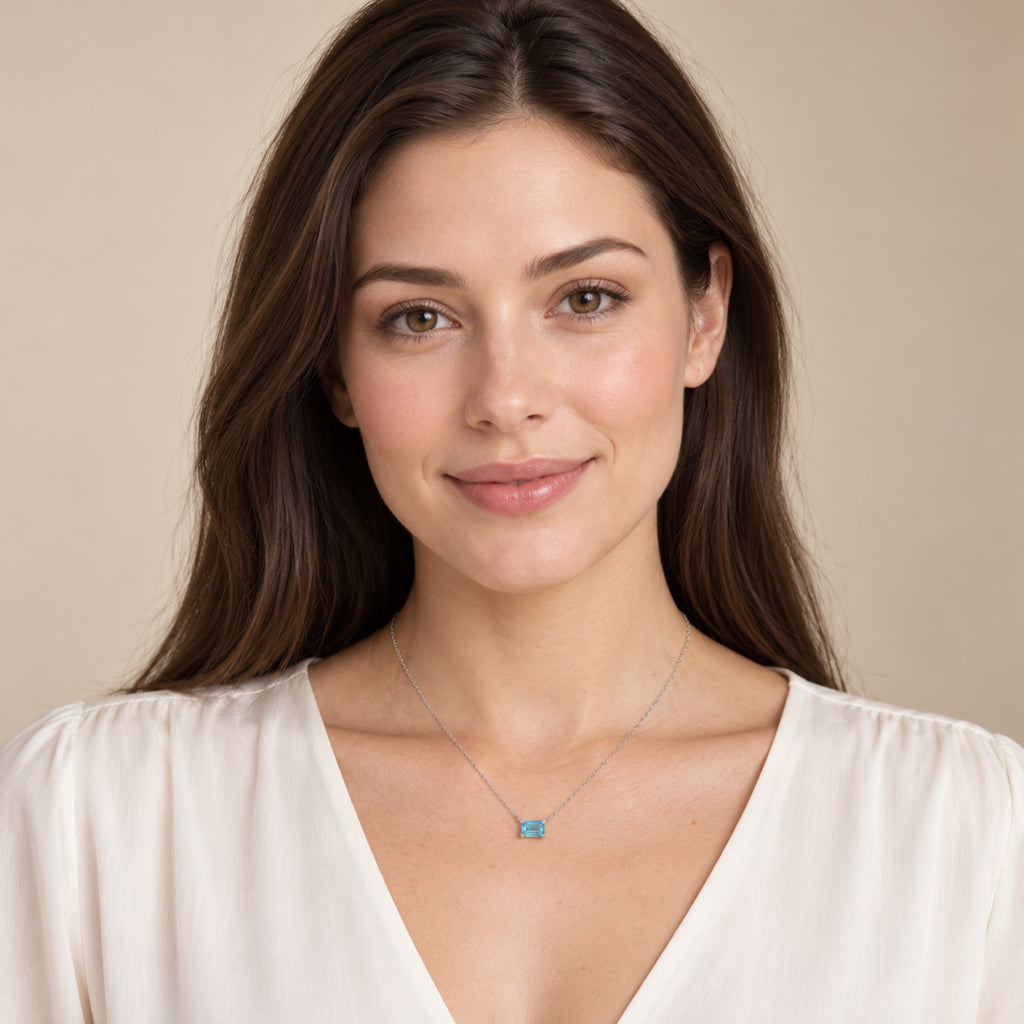 AZ29527 natural blue zircon solitaire necklace in 14K white gold - full-face model view