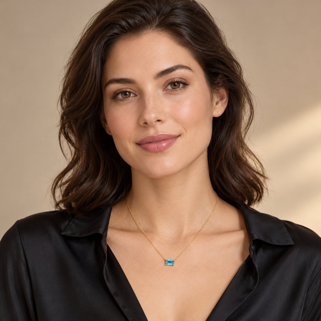 AZ29528 natural blue zircon solitaire necklace in 14K yellow gold - full-face model view