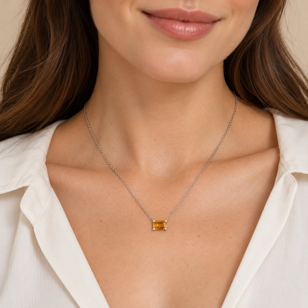 AZ29530 natural citrine solitaire necklace in 14K white gold - close-up model view