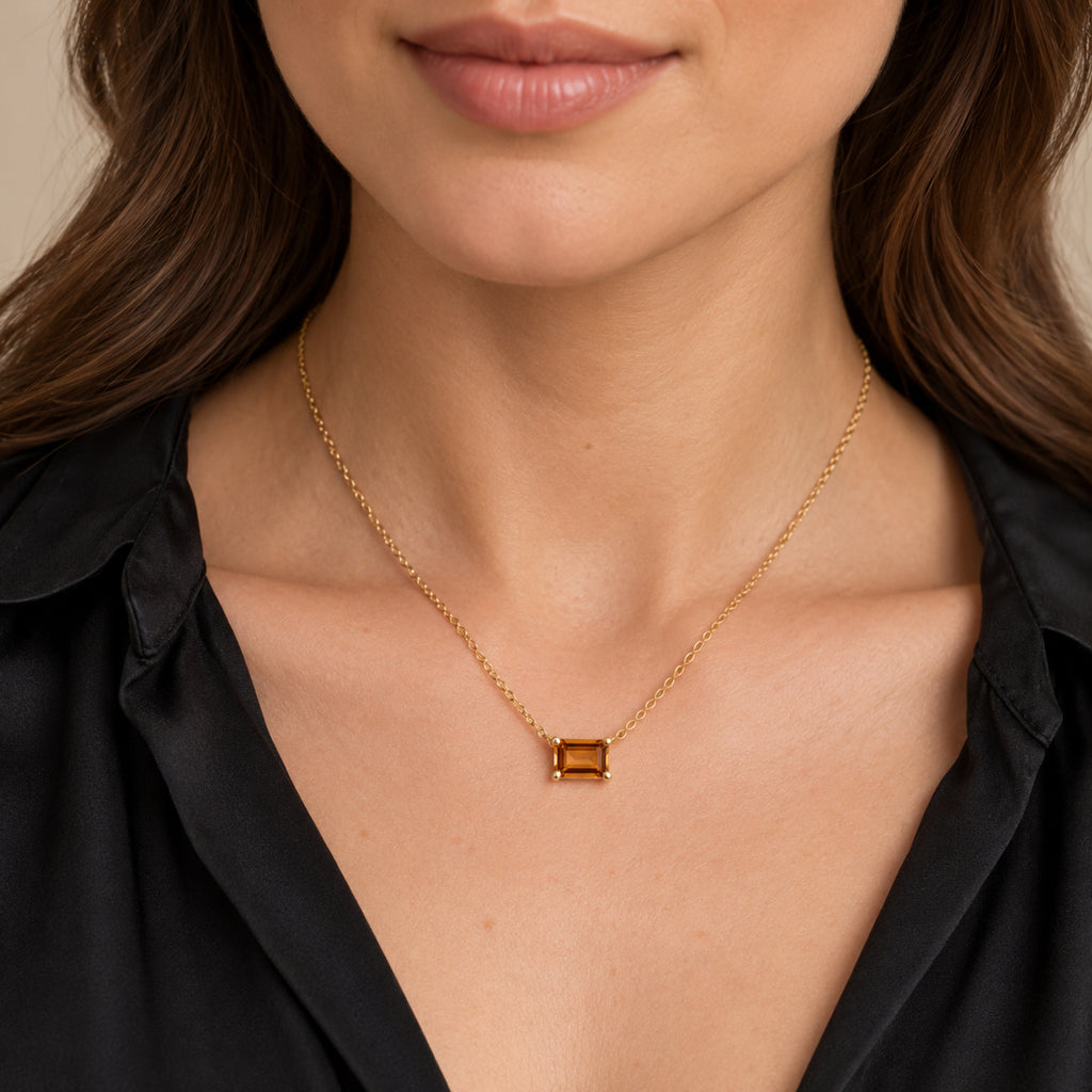AZ29531 natural citrine solitaire necklace in 14K yellow gold - close-up model view