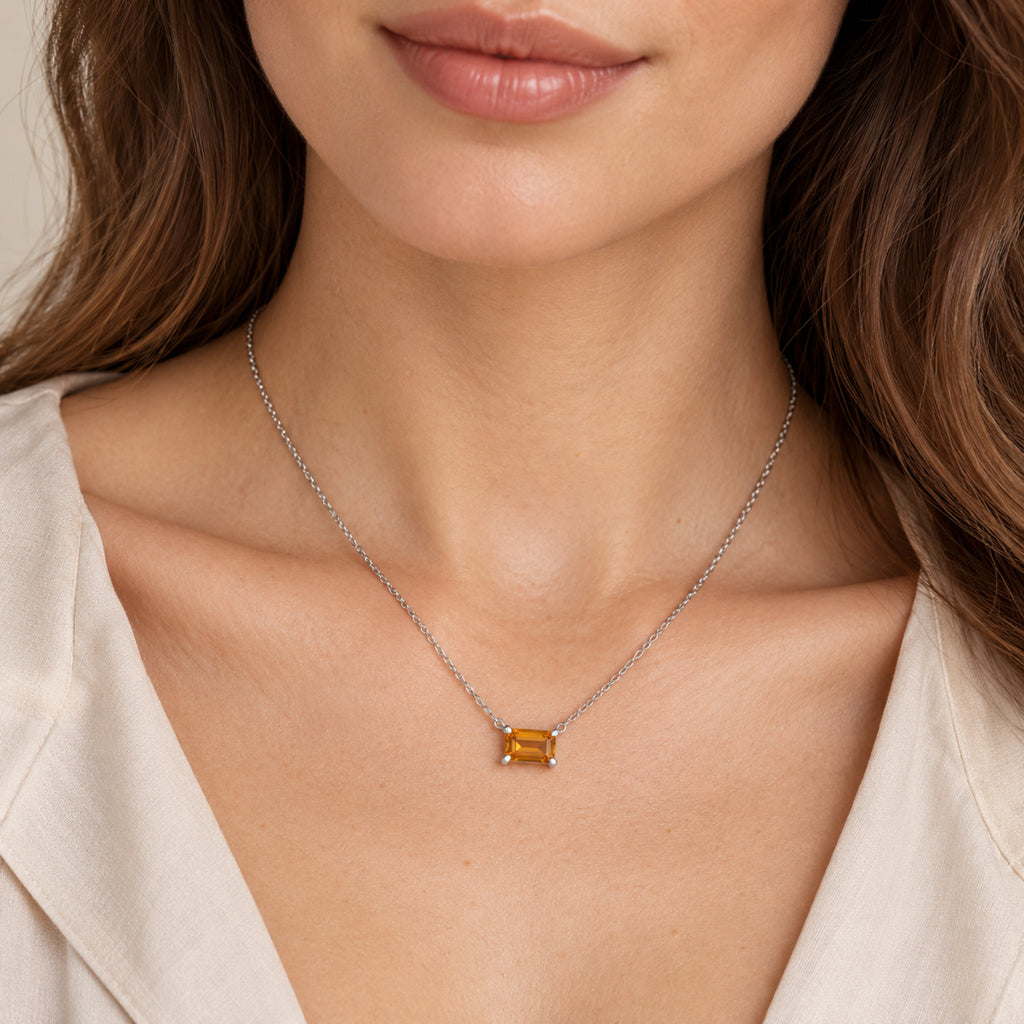 AZ29532 natural citrine solitaire necklace in sterling silver - close-up model view
