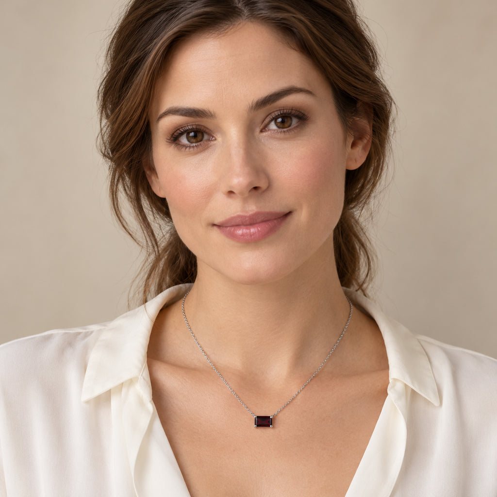 AZ29533 natural Mozambique garnet solitaire necklace in 14K white gold - full-face model view