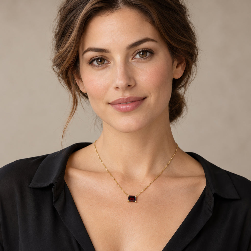 AZ29534 natural Mozambique garnet solitaire necklace in 14K yellow gold - full-face model view
