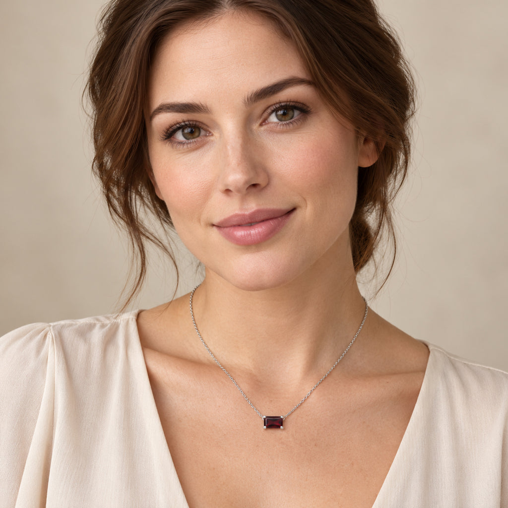 AZ29535 natural Mozambique garnet solitaire necklace in sterling silver - full-face model view