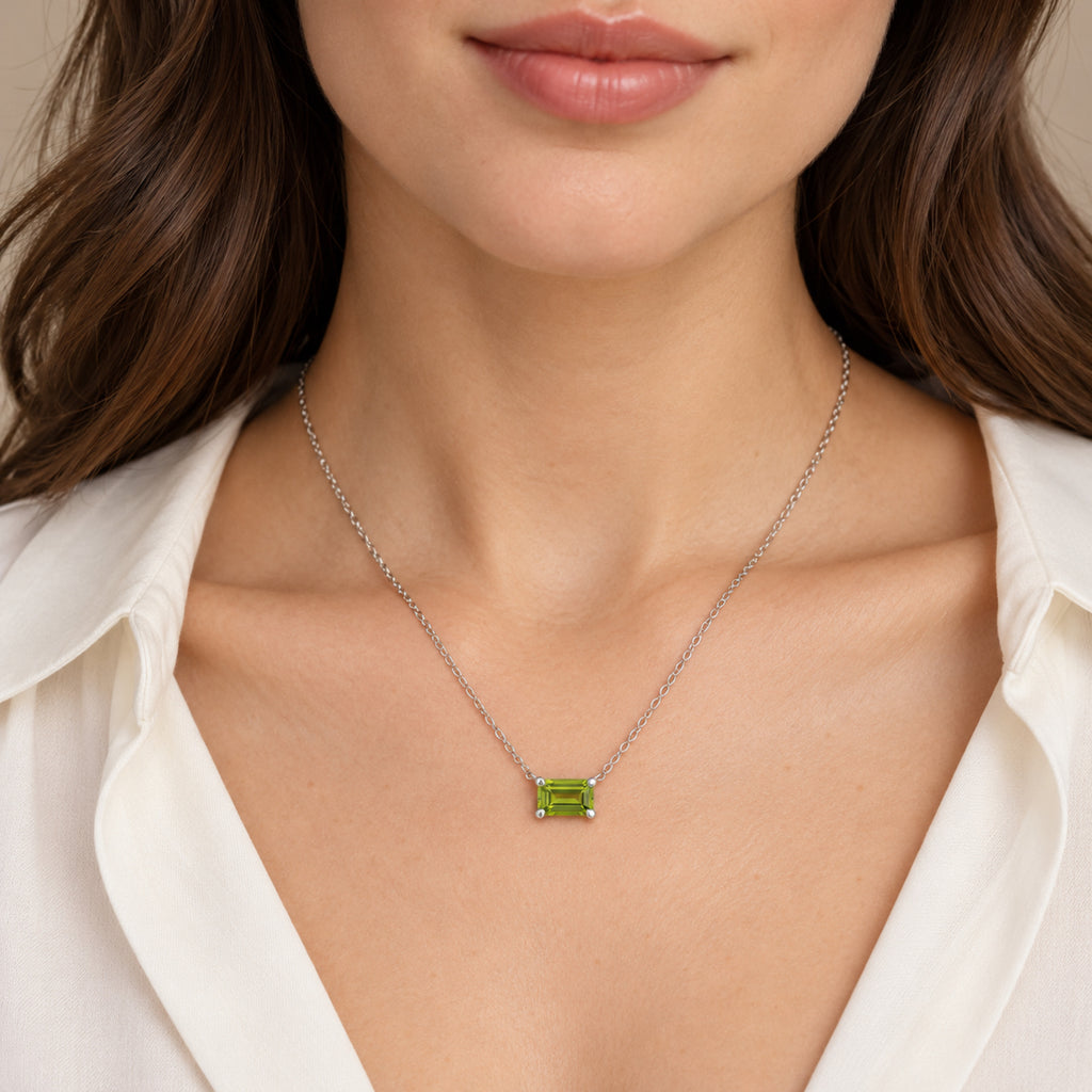 AZ29536 natural peridot solitaire necklace in 14K white gold - close-up model view