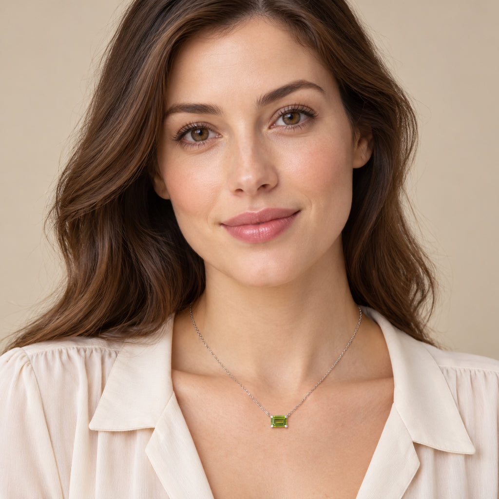 AZ29538 natural peridot solitaire necklace in sterling silver - full-face model view