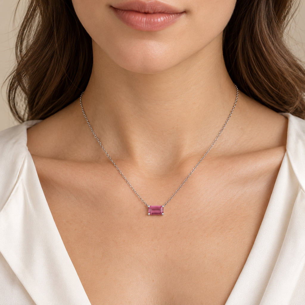 AZ29539 natural pink tourmaline solitaire necklace 14K white gold - close-up model