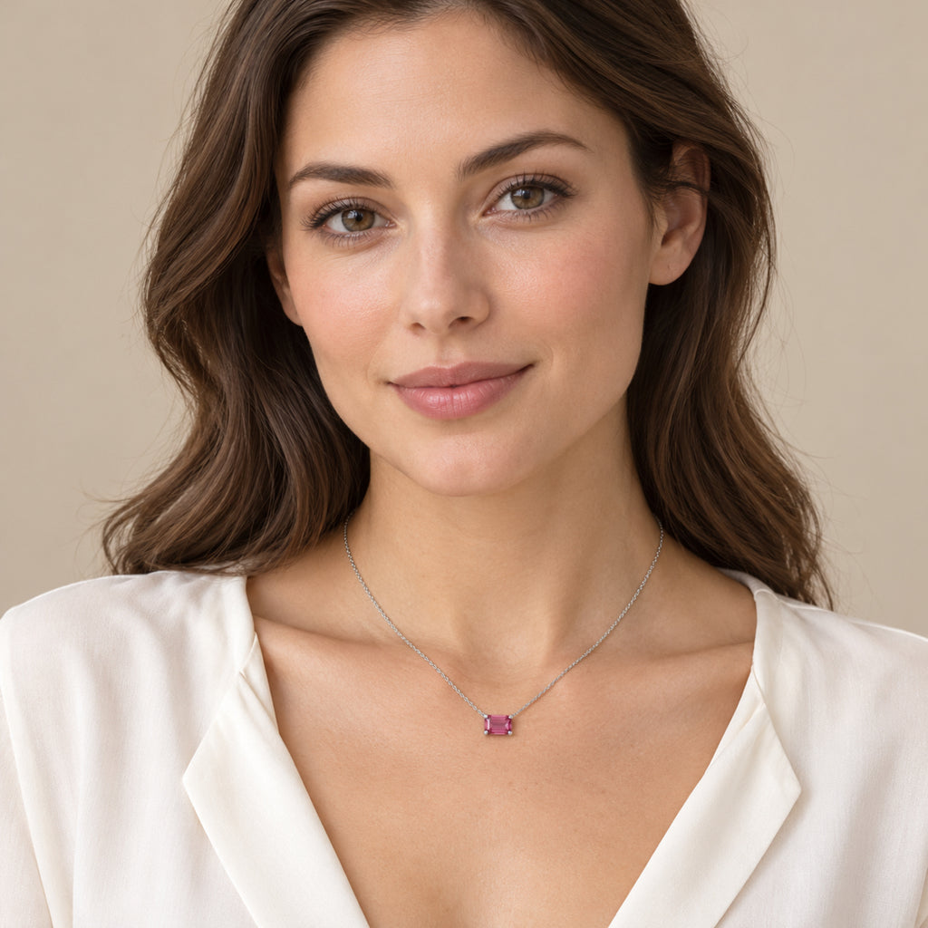 AZ29539 natural pink tourmaline solitaire necklace 14K white gold - full-face model