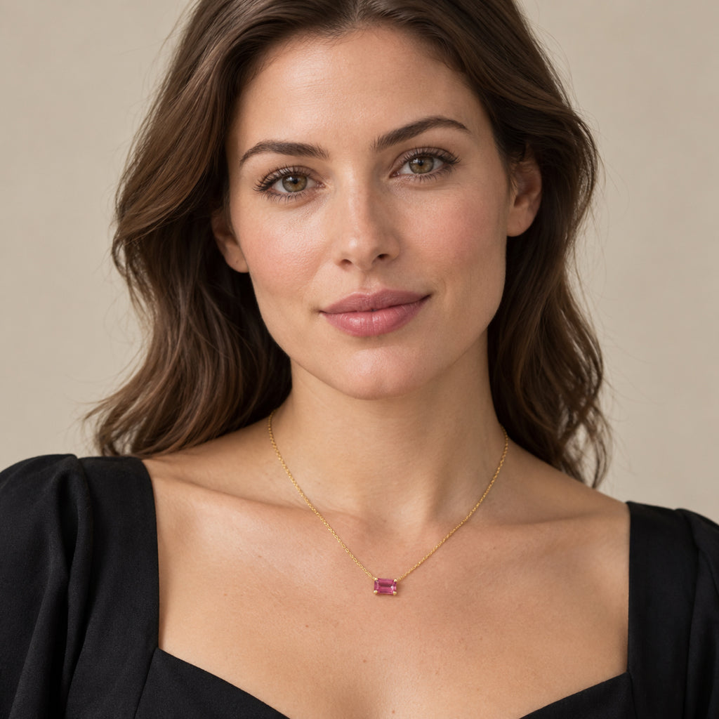 AZ29540 natural pink tourmaline solitaire necklace 14K yellow gold - full-face model