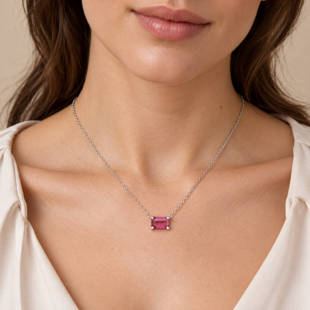 AZ29541 natural pink tourmaline solitaire necklace sterling silver - close-up model
