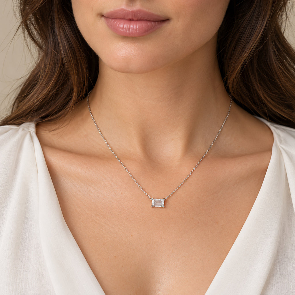 AZ29542 natural white sapphire solitaire necklace 14K white gold - close-up model