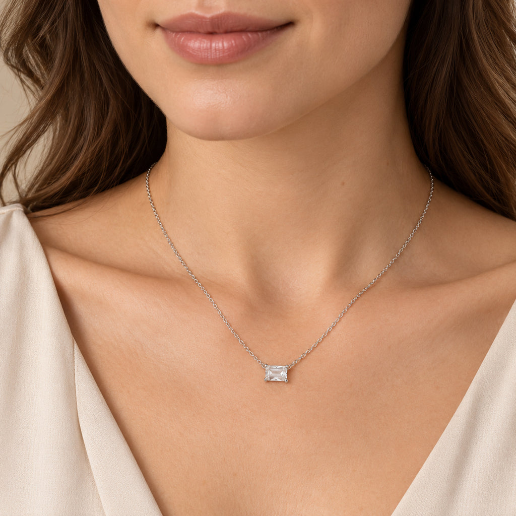 AZ29544 natural white sapphire solitaire necklace sterling silver - close-up model