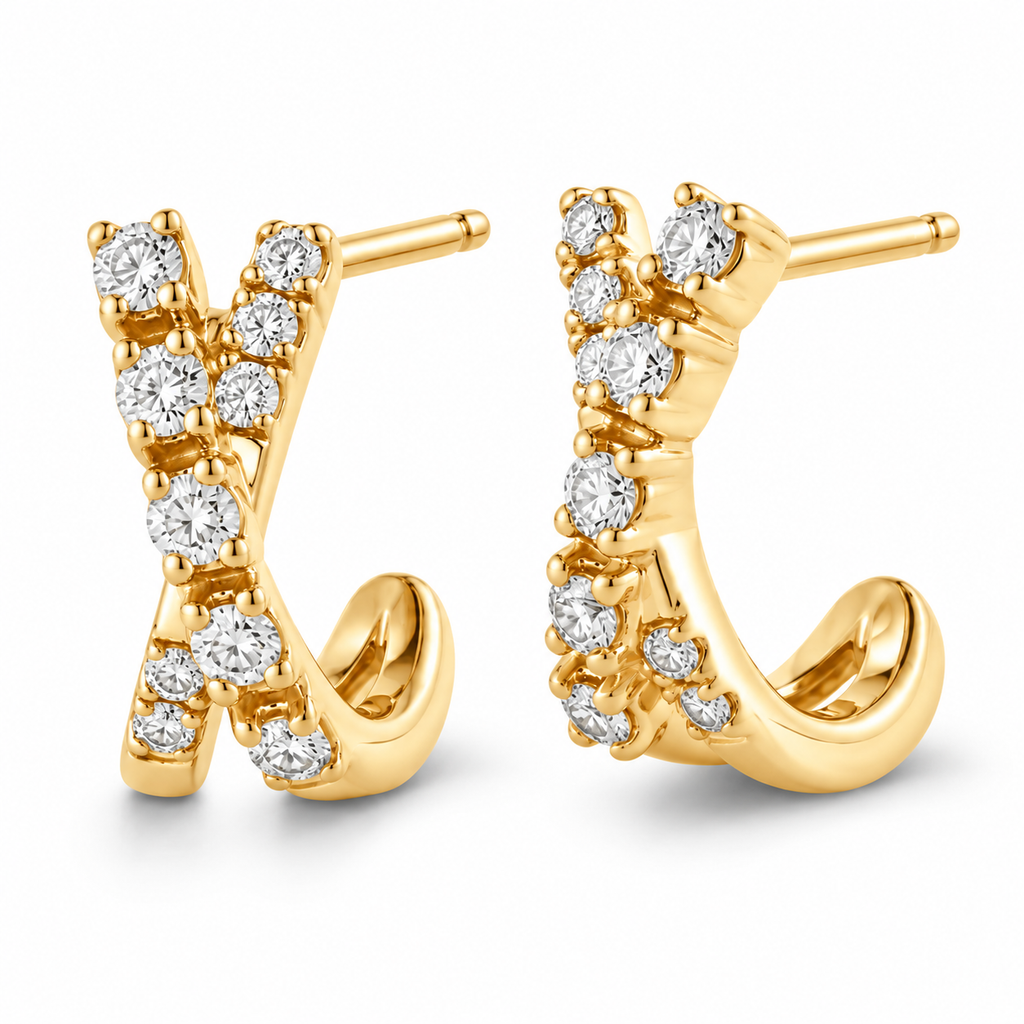AZ29552LG crossover lab-grown diamond earrings in 14K yellow gold, polished angled view with soft shadows