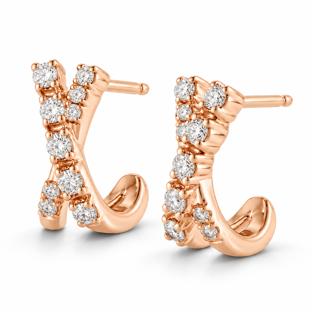 AZ29553LG crossover lab-grown diamond earrings in 14K rose gold, polished angled view with soft shadows
