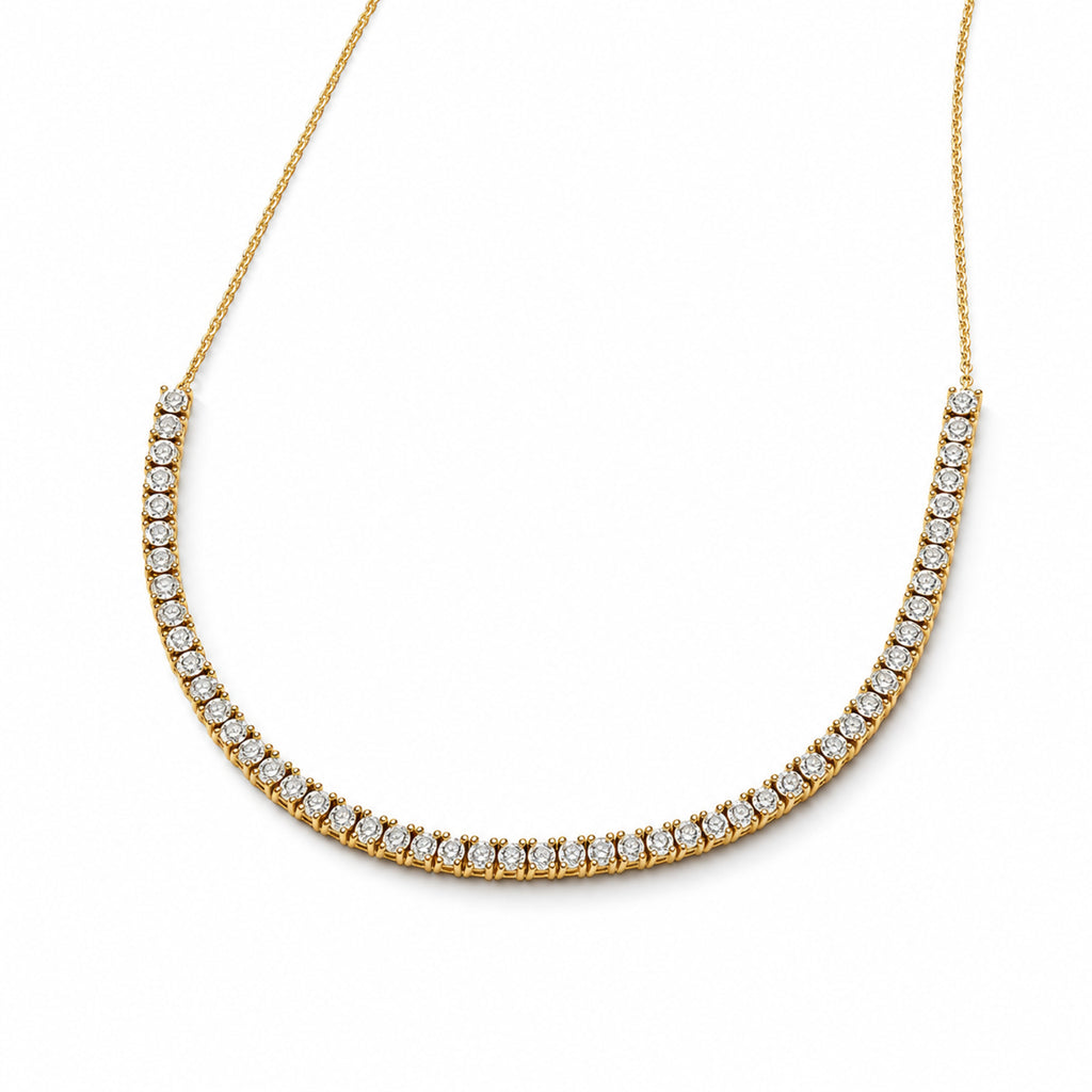 Half tennis diamond necklace in 14K yellow gold — angled view on white background with soft shadow