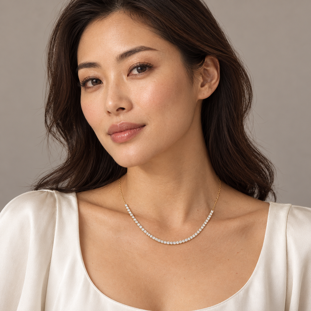 Half tennis necklace in 14K yellow gold on model — full-face portrait; illustrative scale