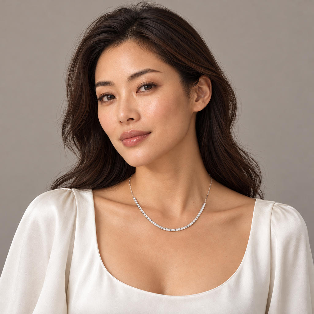 Half tennis necklace in 14K white gold on model — full-face portrait; illustrative scale