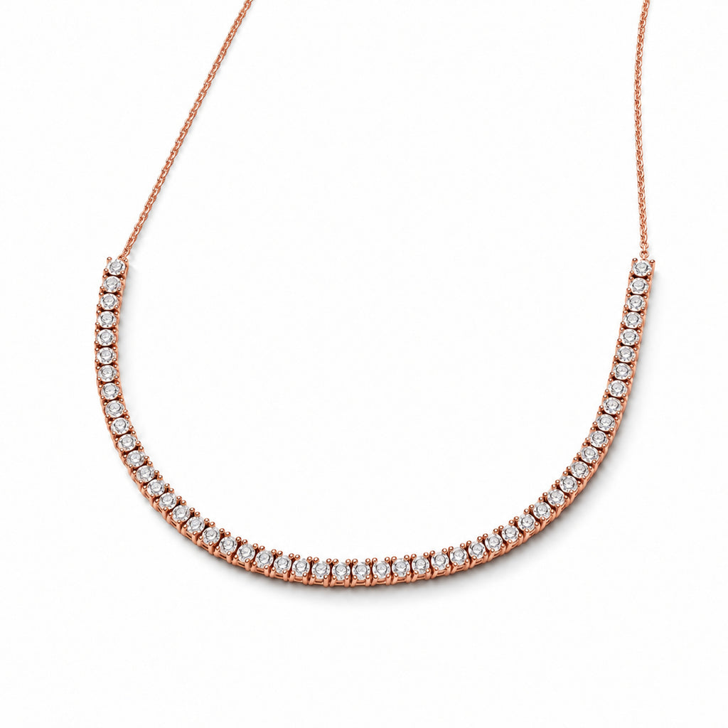 Half tennis diamond necklace in 14K rose gold — angled view on white background with soft shadow