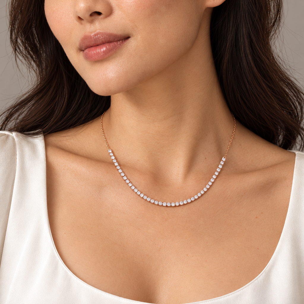 Half tennis necklace in 14K rose gold on model — close-up; illustrative scale