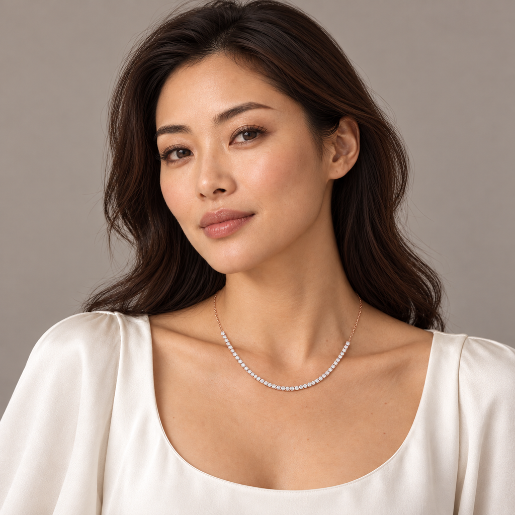 Half tennis necklace in 14K rose gold on model — full-face portrait; illustrative scale