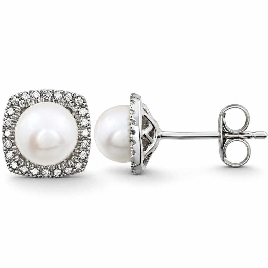 Cultured White Freshwater Pearl and Natural Diamond Earrings Sterling Silver main view