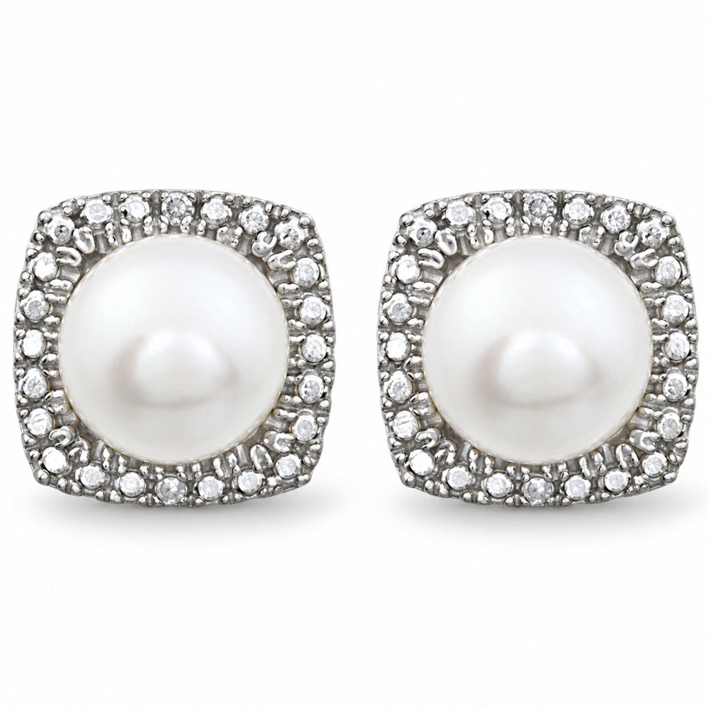 Cultured White Freshwater Pearl and Natural Diamond Earrings Sterling Silver alternate view