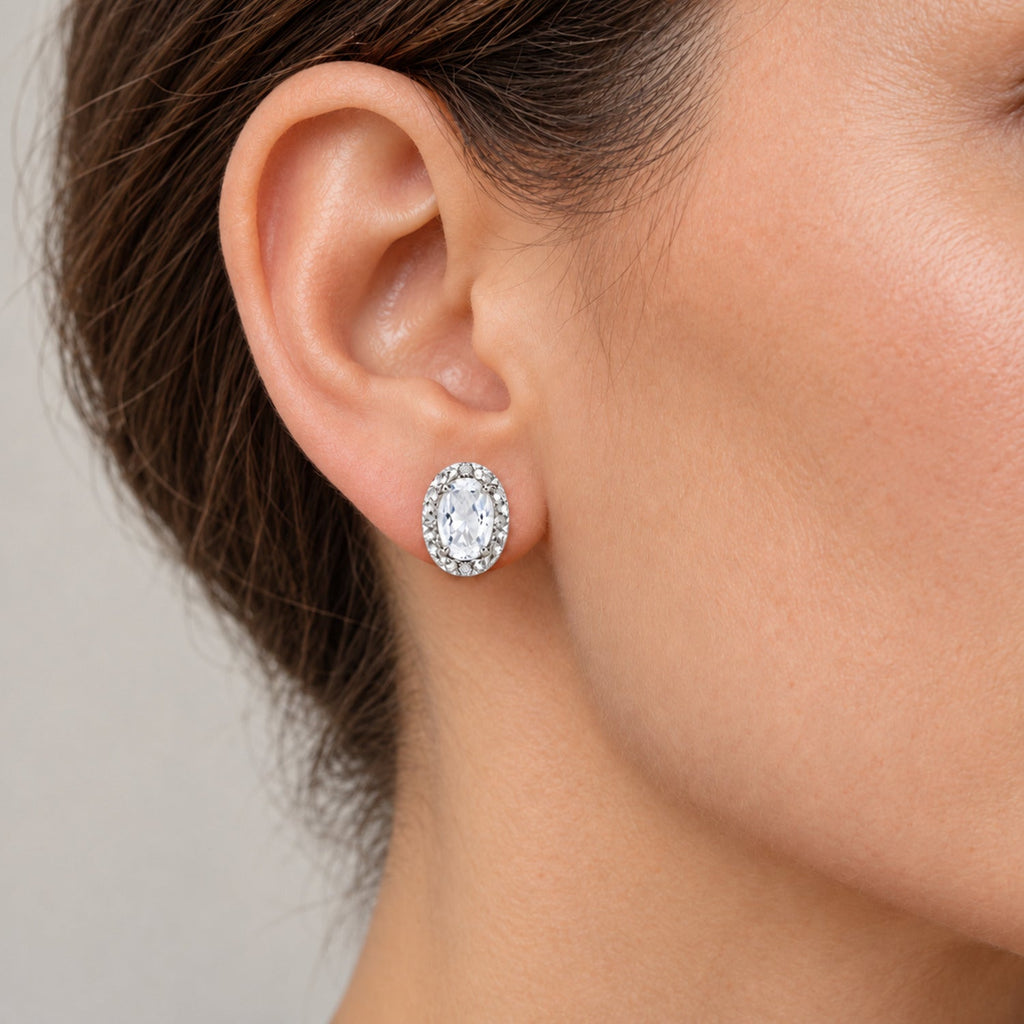 Oval Moissanite & Diamond Illusion Stud Earrings 14K White Gold 6x4mm — close view