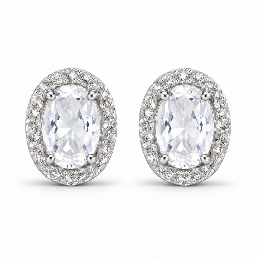 Oval Moissanite & Diamond Illusion Stud Earrings 14K White Gold 6x4mm — main view