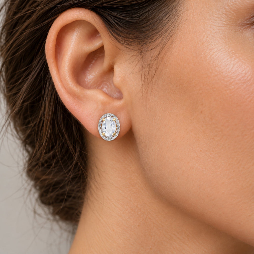 Oval Moissanite & Diamond Illusion Stud Earrings 14K Yellow Gold 6x4mm — close view