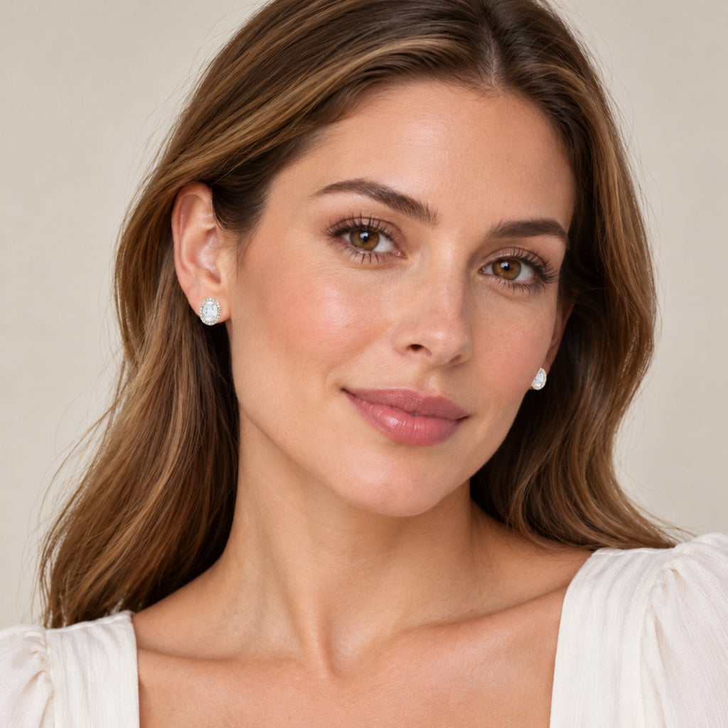 Oval Moissanite & Diamond Illusion Stud Earrings 14K Yellow Gold 6x4mm — full view