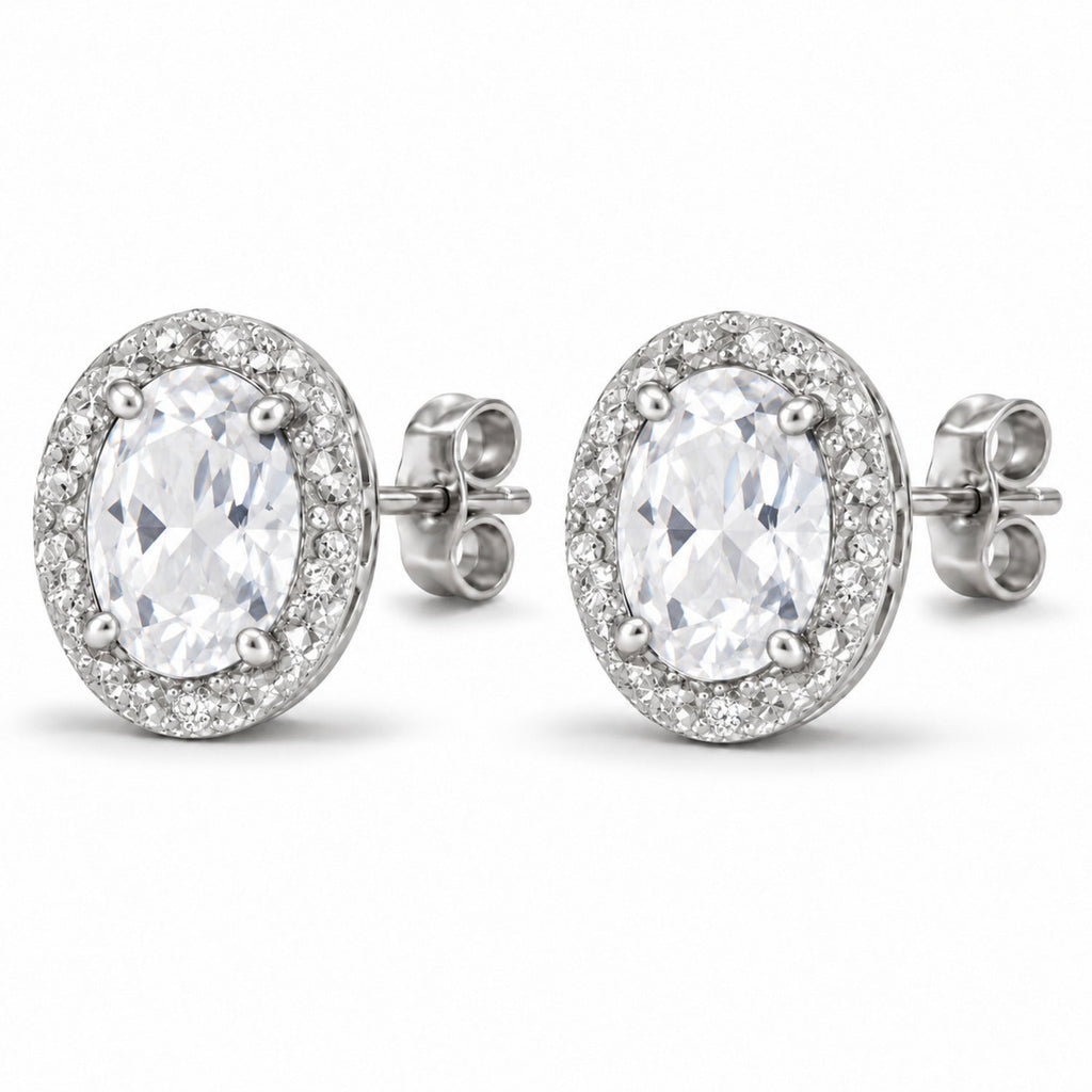 Oval Moissanite & Diamond Illusion Stud Earrings 14K White Gold 7x5mm — angle view