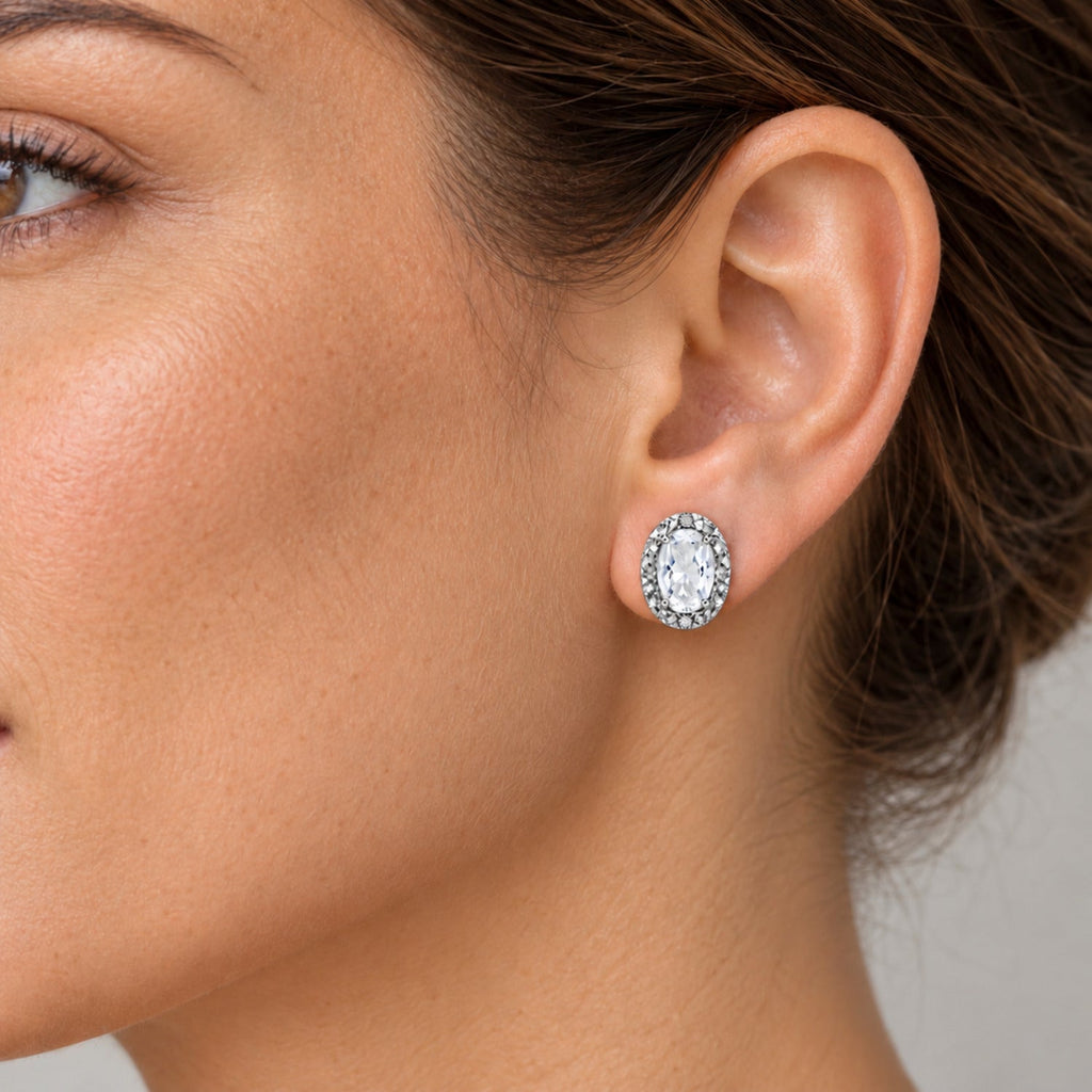 Oval Moissanite & Diamond Illusion Stud Earrings 14K White Gold 7x5mm — close view