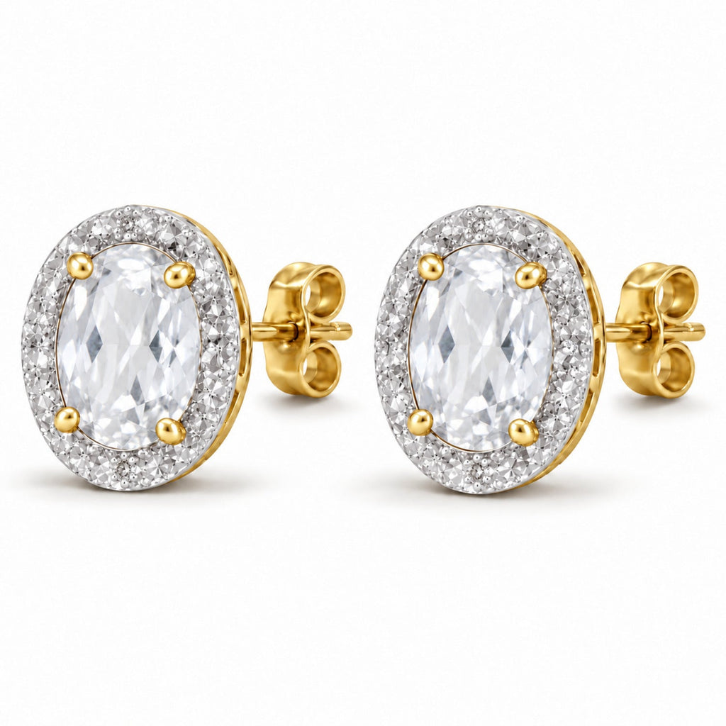 Oval Moissanite & Diamond Illusion Stud Earrings 14K Yellow Gold 7x5mm — angle view