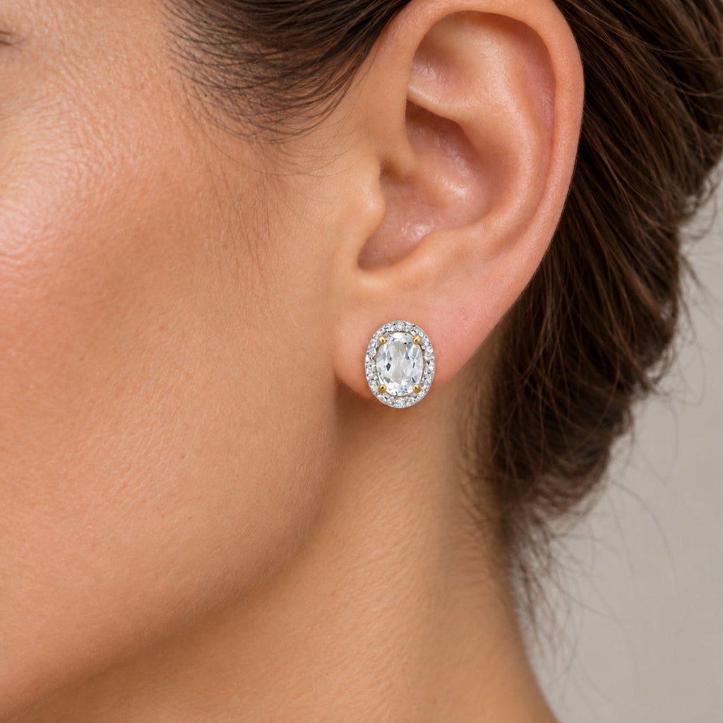 Oval Moissanite & Diamond Illusion Stud Earrings 14K Yellow Gold 7x5mm — close view