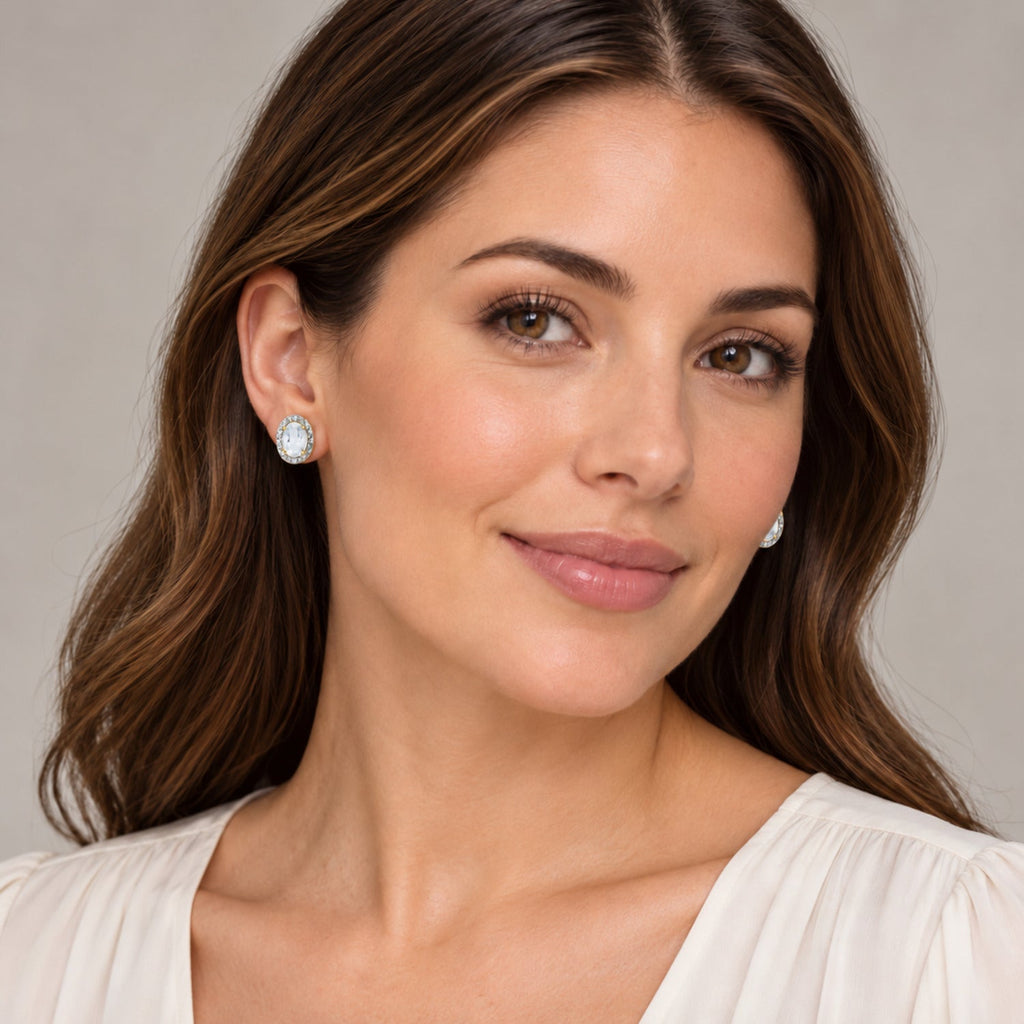 Oval Moissanite & Diamond Illusion Stud Earrings 14K Yellow Gold 7x5mm — full view