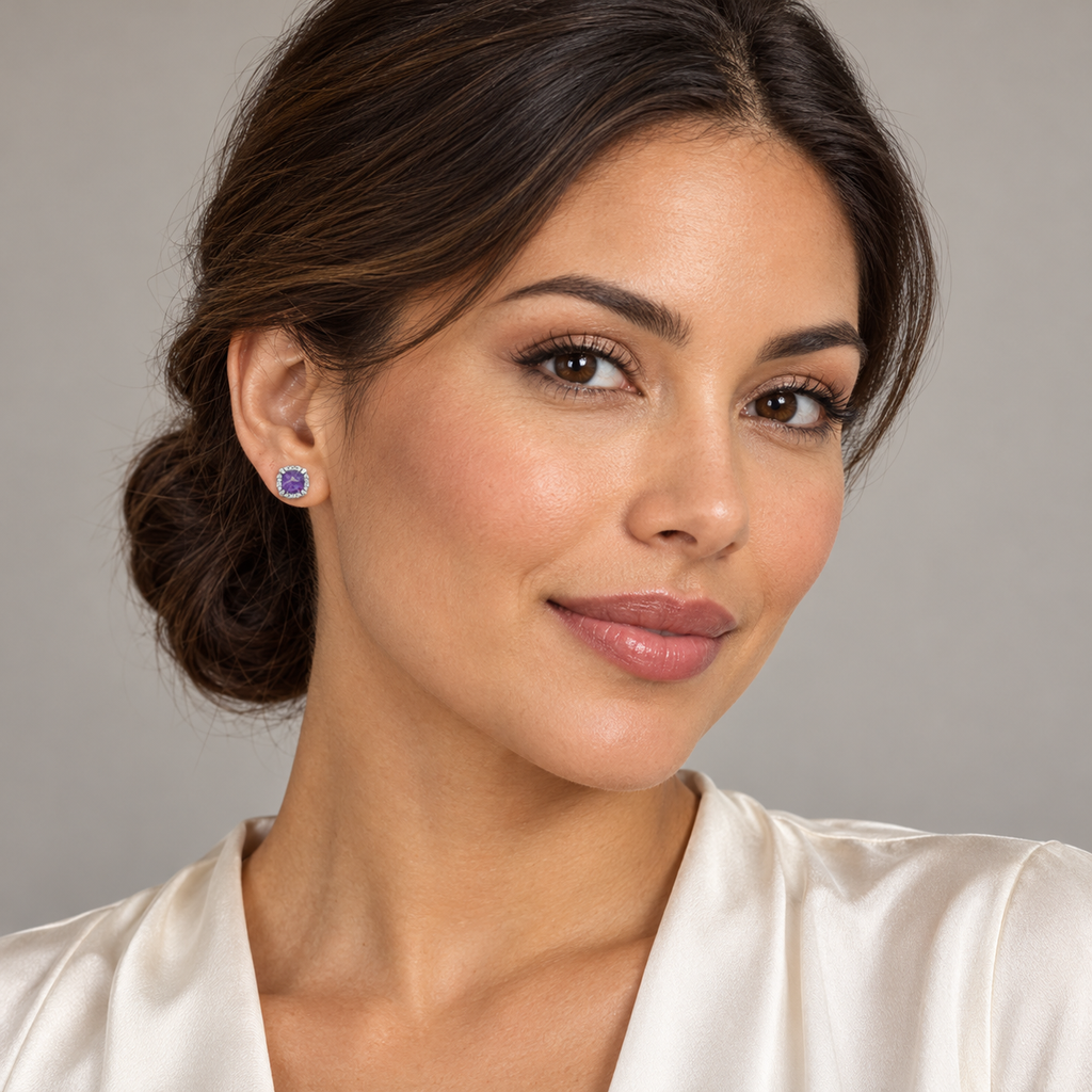 AZ29633 amethyst and diamond halo stud earrings worn by model, full-face view