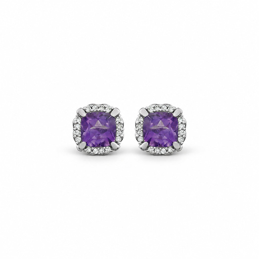 Cushion natural amethyst and diamond halo stud earrings in 14K white gold