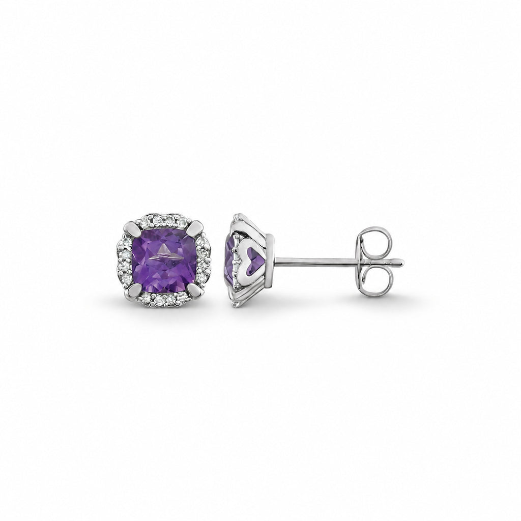 Cushion natural amethyst and diamond halo stud earrings in 14K white gold