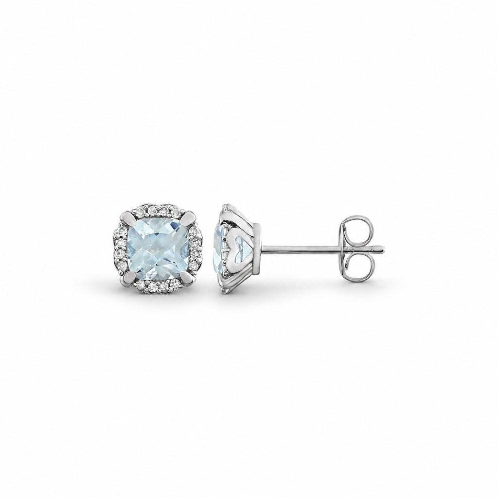 Cushion natural aquamarine and natural diamond halo stud earrings in 14K white gold
