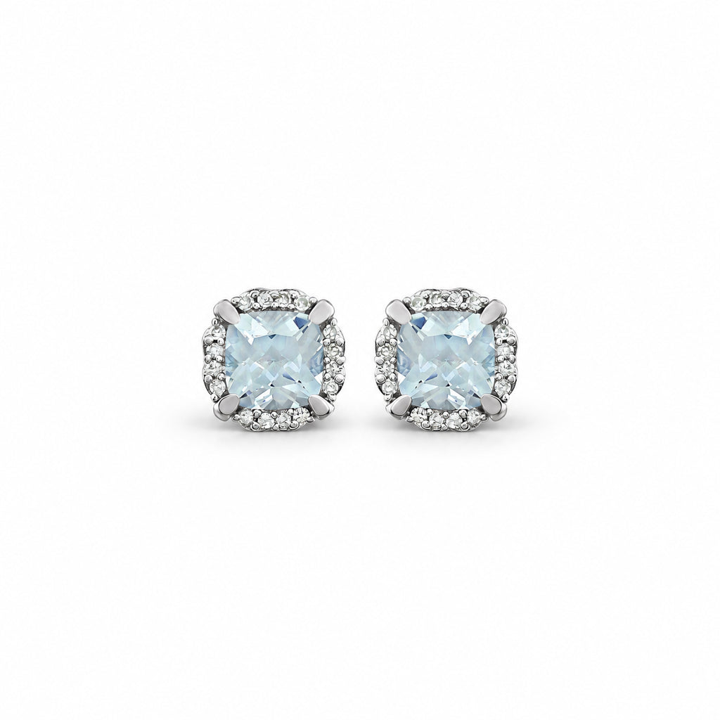 Cushion natural aquamarine and natural diamond halo stud earrings in 14K white gold