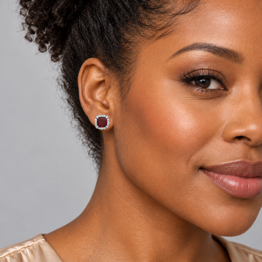 AZ29635 Mozambique garnet and diamond halo stud earrings on model, close-up