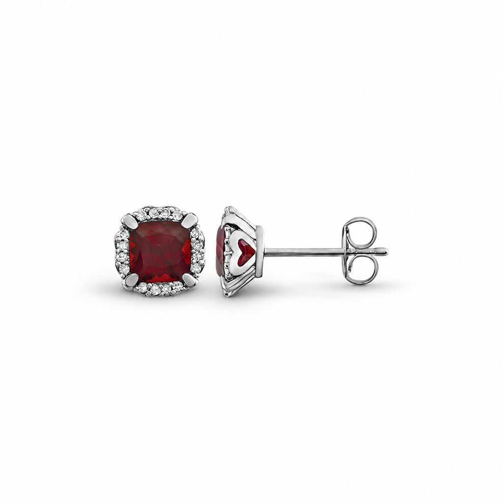 Cushion natural Mozambique garnet and diamond halo stud earrings in 14K white gold