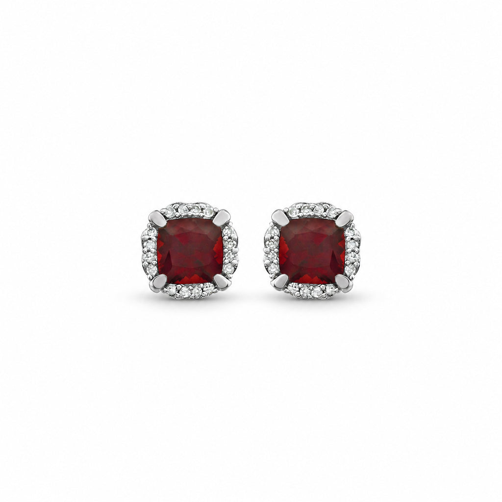 Cushion natural Mozambique garnet and diamond halo stud earrings in 14K white gold