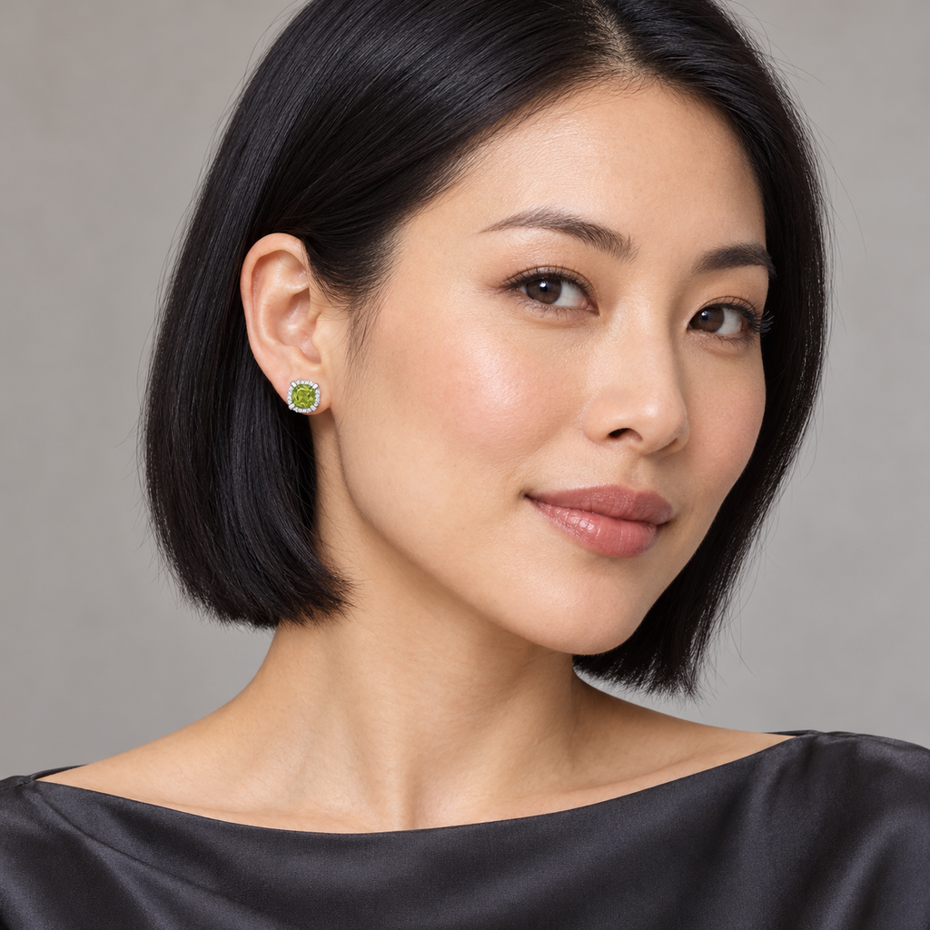 AZ29636 peridot and diamond halo stud earrings on model, full-face
