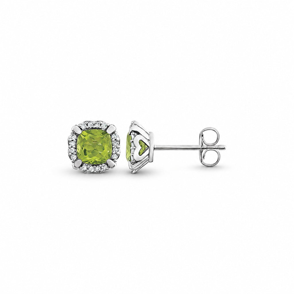 Cushion natural peridot and diamond halo stud earrings in 14K white gold