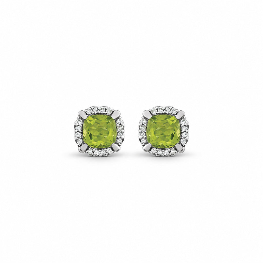 Cushion natural peridot and diamond halo stud earrings in 14K white gold