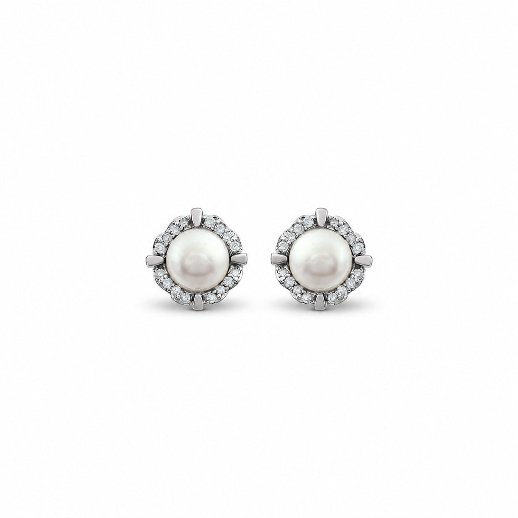 Cultured white freshwater pearl and diamond halo stud earrings in 14K white gold